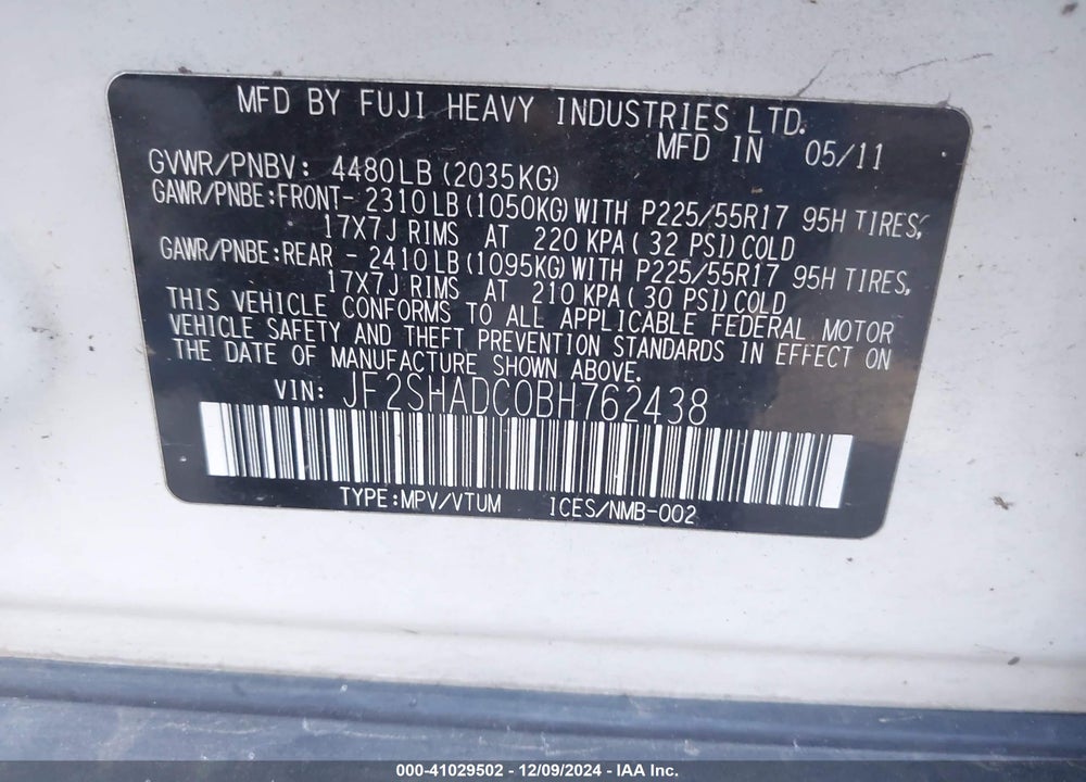 2011 SUBARU FORESTER 2.5X PREMIUM VIN: JF2SHADC0BH762438