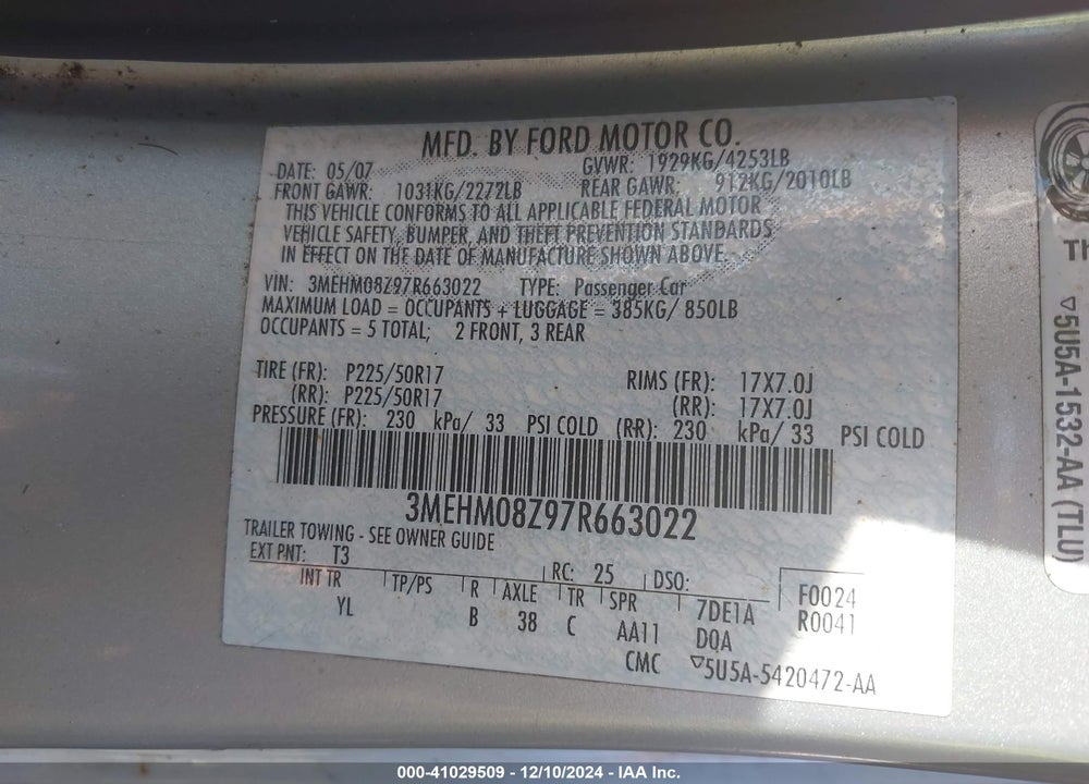 2007 MERCURY MILAN I4 PREMIER VIN: 3MEHM08Z97R663022
