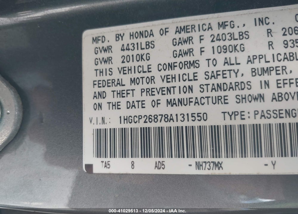 2008 HONDA ACCORD 2.4 EX-L VIN: 1HGCP26878A131550