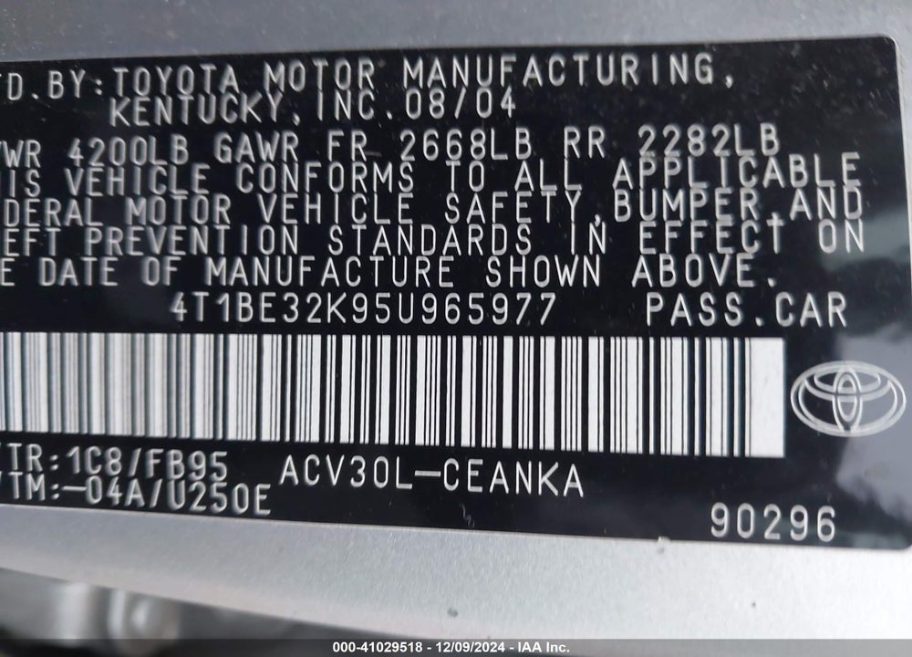 2005 TOYOTA CAMRY LE VIN: 4T1BE32K95U965977