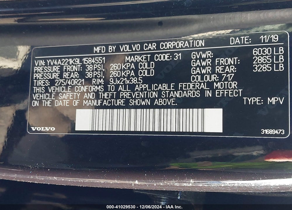 2020 VOLVO XC90 T6 MOMENTUM 6 PASSENGER VIN: YV4A221K9L1584551