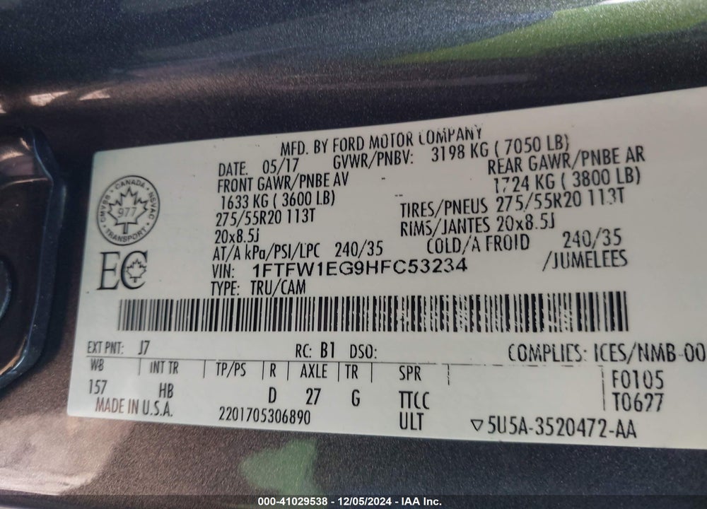 2017 FORD F-150 LARIAT VIN: 1FTFW1EG9HFC53234