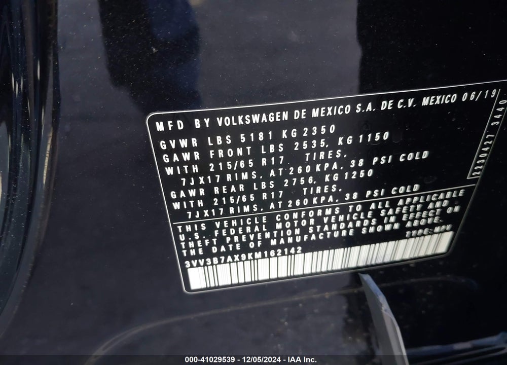 2019 VOLKSWAGEN TIGUAN 2.0T SE/2.0T SEL/2.0T SEL R-LINE/2.0T SEL R-LINE BLACK VIN: 3VV3B7AX9KM162142