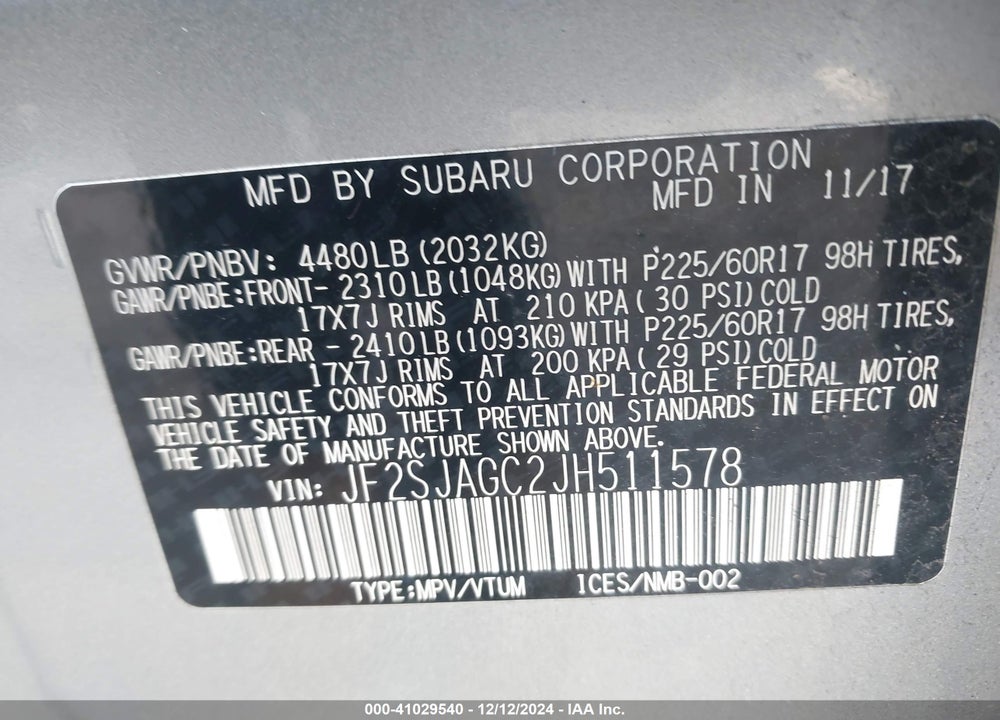 2018 SUBARU FORESTER 2.5I PREMIUM VIN: JF2SJAGC2JH511578