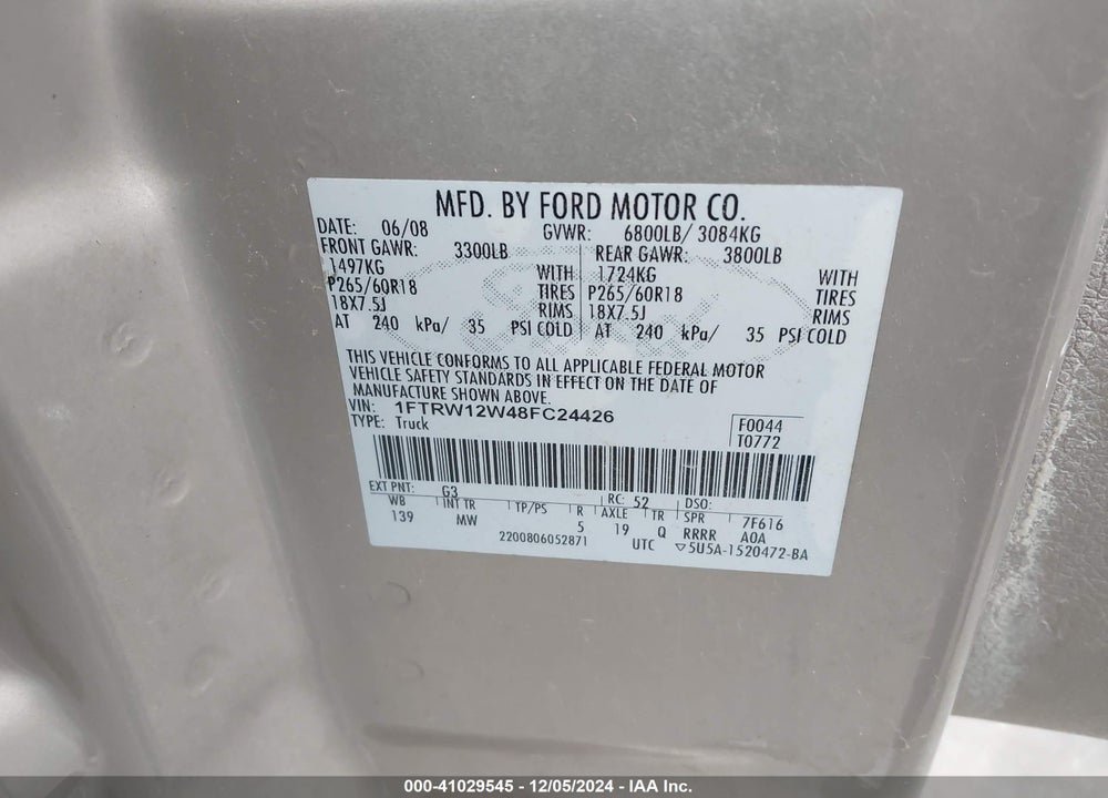 2008 FORD F-150 60TH ANNIVERSARY/FX2/XL/XLT VIN: 1FTRW12W48FC24426