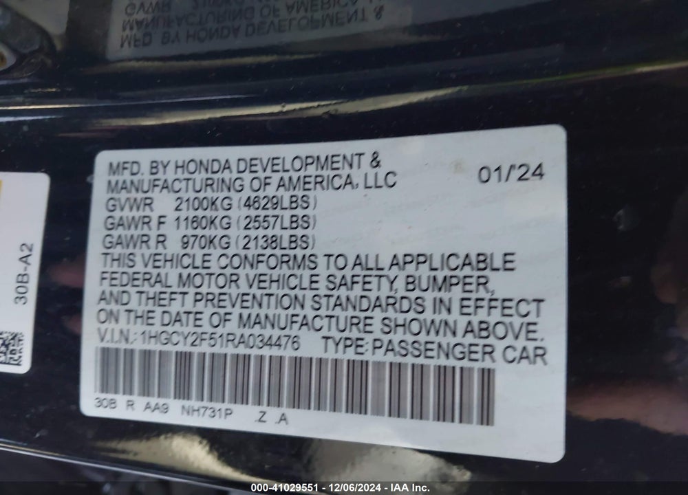 2024 HONDA ACCORD HYBRID SPORT VIN: 1HGCY2F51RA034476