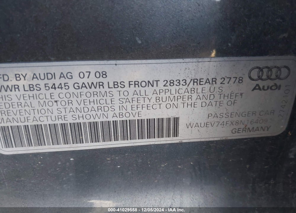 2008 AUDI A6 4.2 VIN: WAUEV74FX8N164091