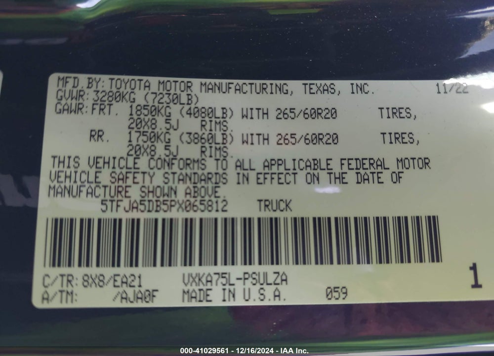 2023 TOYOTA TUNDRA LIMITED VIN: 5TFJA5DB5PX065812