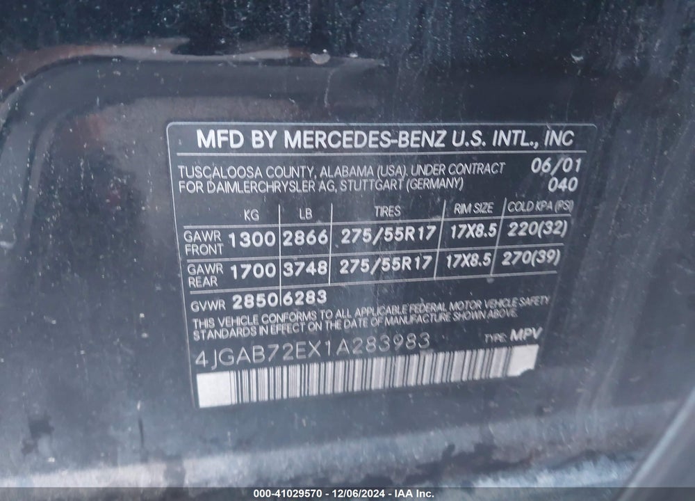 2001 MERCEDES-BENZ ML 430 VIN: 4JGAB72EX1A283983