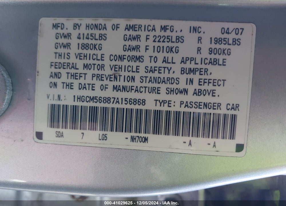 2007 HONDA ACCORD VIN: 1HGCM56887A156868