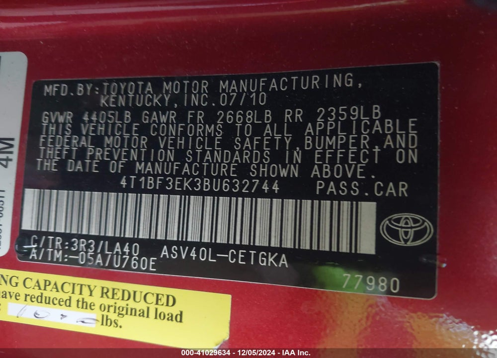 2011 TOYOTA CAMRY XLE VIN: 4T1BF3EK3BU632744