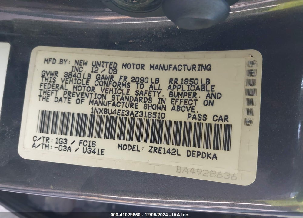 2010 TOYOTA COROLLA LE VIN: 1NXBU4EE3AZ316510