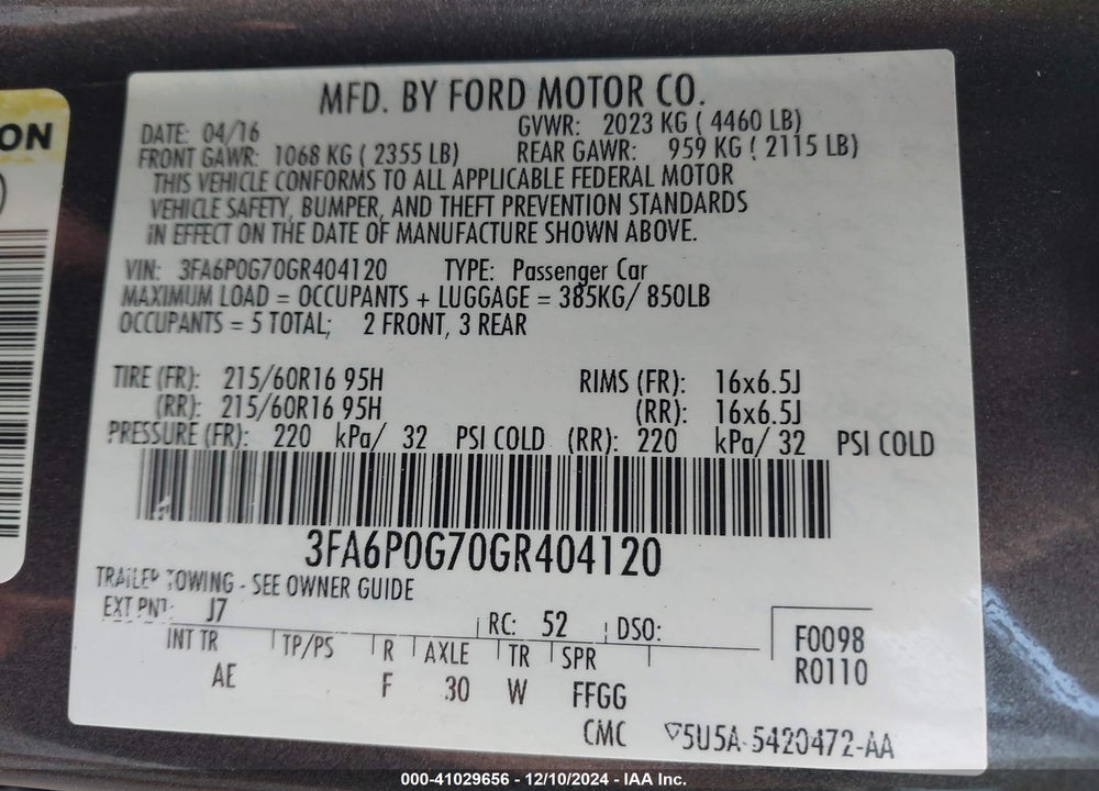 2016 FORD FUSION S VIN: 3FA6P0G70GR404120