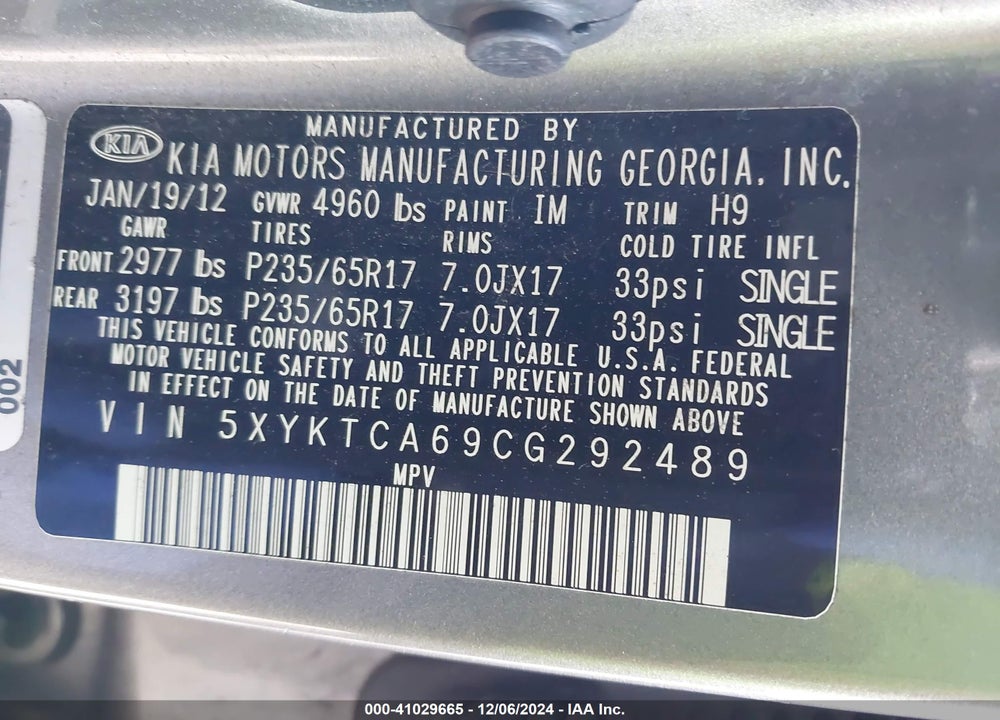 2012 KIA SORENTO LX VIN: 5XYKTCA69CG292489