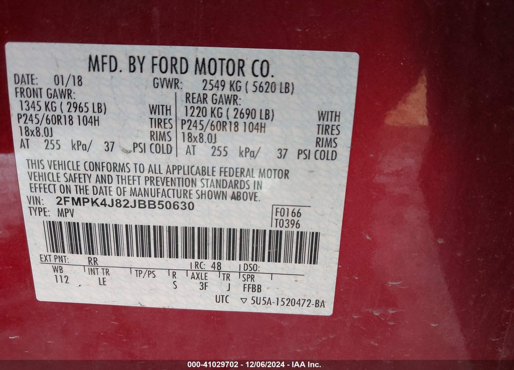 2018 FORD EDGE SEL VIN: 2FMPK4J82JBB50630
