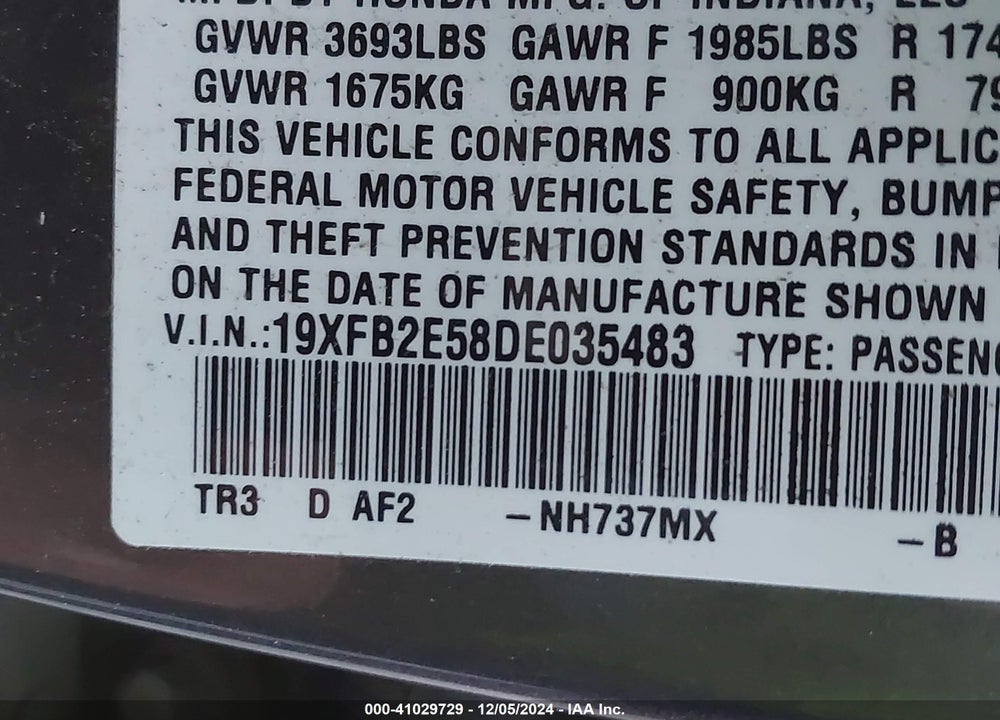 2013 HONDA CIVIC LX VIN: 19XFB2E58DE035483