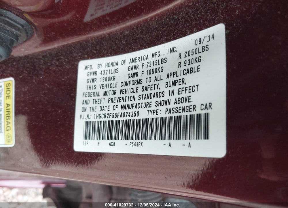2015 HONDA ACCORD SPORT VIN: 1HGCR2F55FA024350