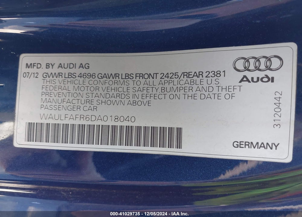 2013 AUDI A5 2.0T PREMIUM VIN: WAULFAFR6DA018040