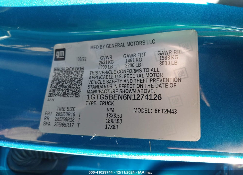 2022 GMC CANYON VIN: 1GTG5BEN6N1274126