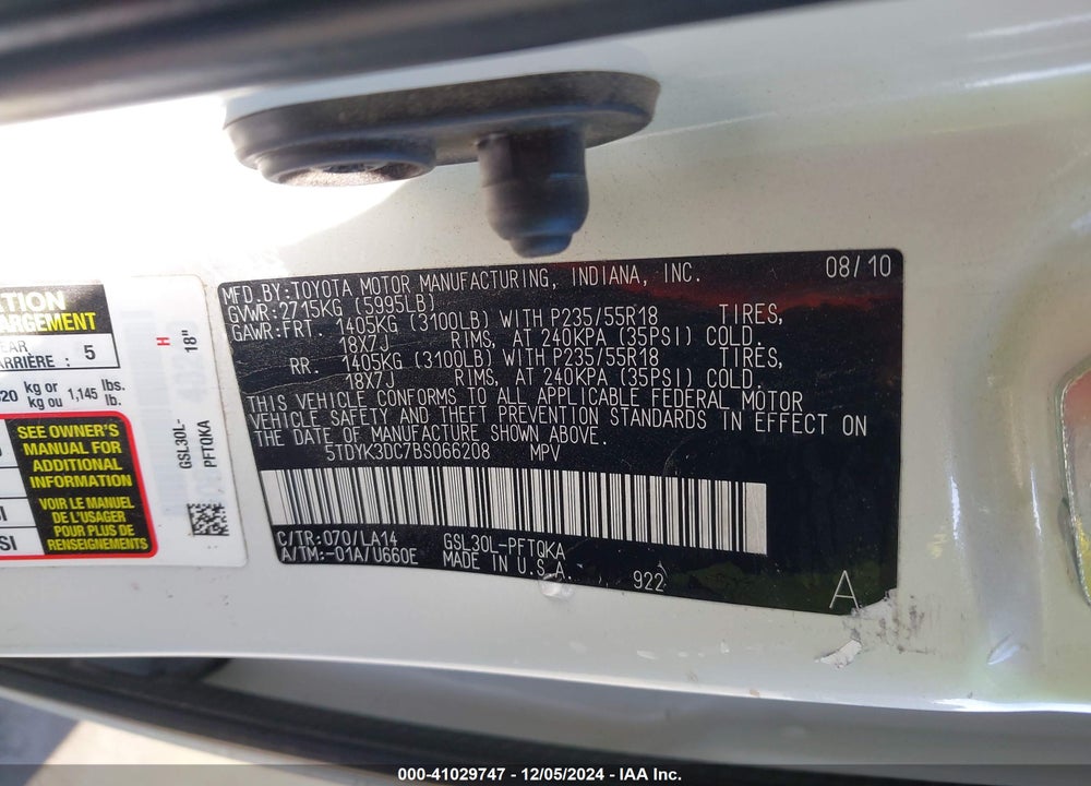 2011 TOYOTA SIENNA XLE LIMITED VIN: 5TDYK3DC7BS066208