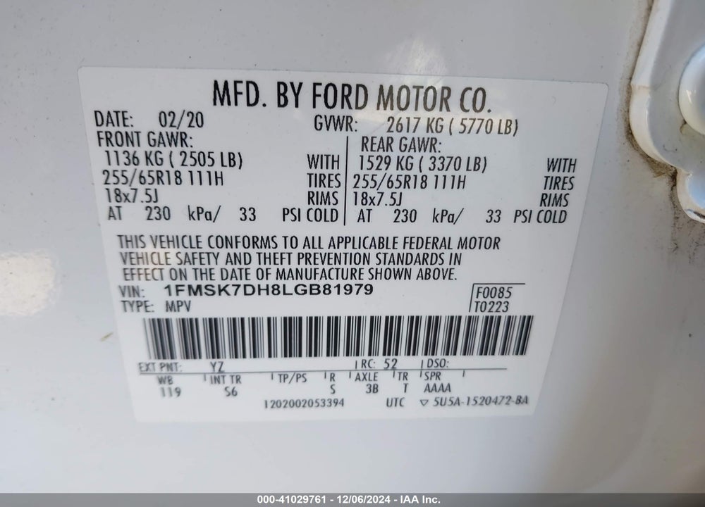 2020 FORD EXPLORER XLT VIN: 1FMSK7DH8LGB81979