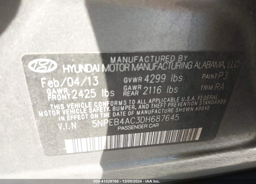 2013 HYUNDAI SONATA GLS VIN: 5NPEB4AC3DH687645