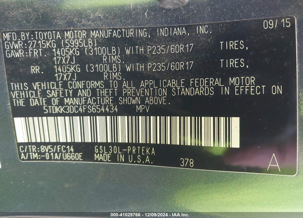 2015 TOYOTA SIENNA LE 8 PASSENGER VIN: 5TDKK3DC4FS654434