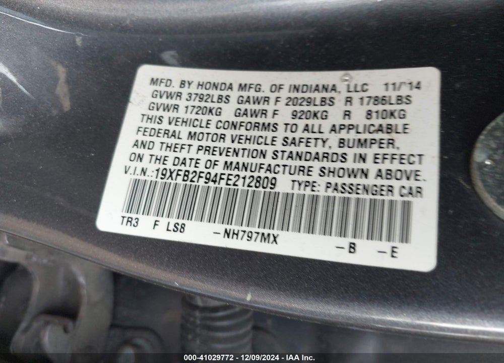 2015 HONDA CIVIC VIN: 19XFB2F94FE212809