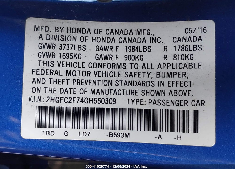 2016 HONDA CIVIC EX VIN: 2HGFC2F74GH550309