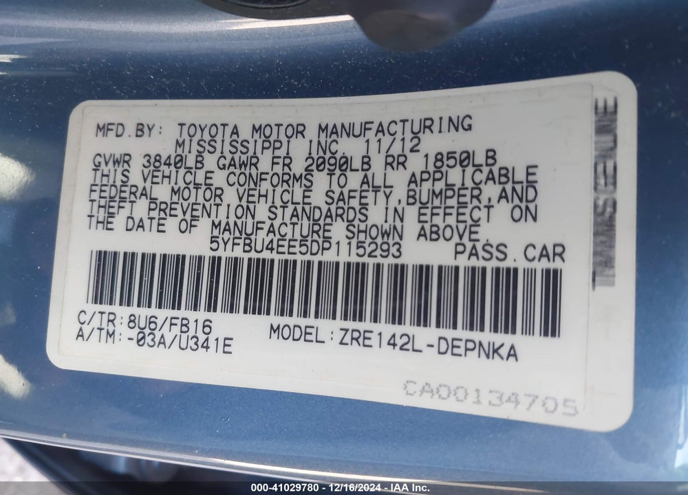 2013 TOYOTA COROLLA LE VIN: 5YFBU4EE5DP115293