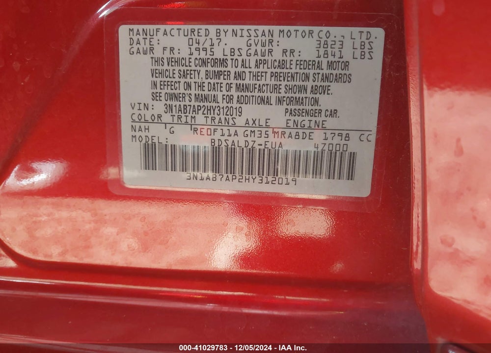 2017 NISSAN SENTRA VIN: 3N1AB7AP2HY312019