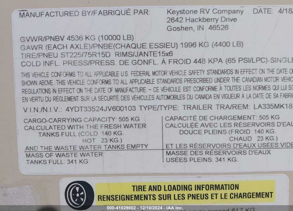 2018 KEYSTONE RV LAREDO TRAVEL TRAILER VIN: 4YDT33524JV600103