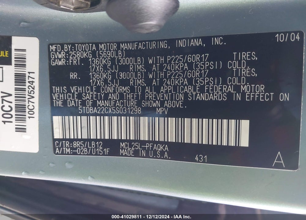 2005 TOYOTA SIENNA XLE VIN: 5TDBA22CX5S031298