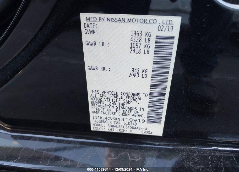 2019 NISSAN ALTIMA 2.5 SR VIN: 1N4BL4CV3KN319919