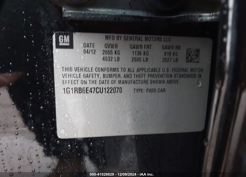 2012 CHEVROLET VOLT VIN: 1G1RB6E47CU122070