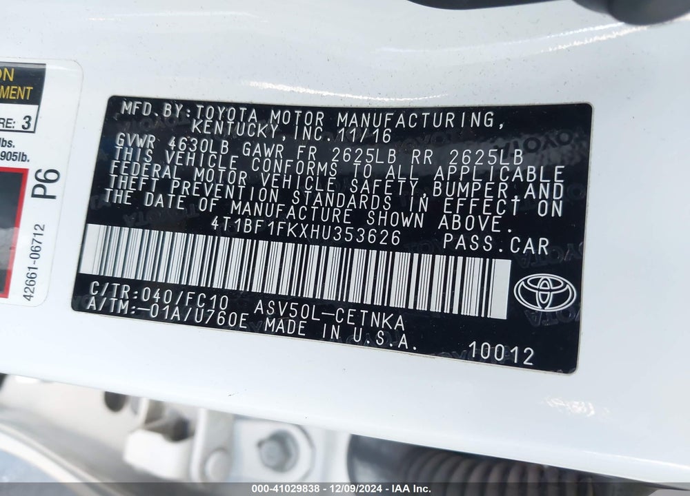 2017 TOYOTA CAMRY LE VIN: 4T1BF1FKXHU353626