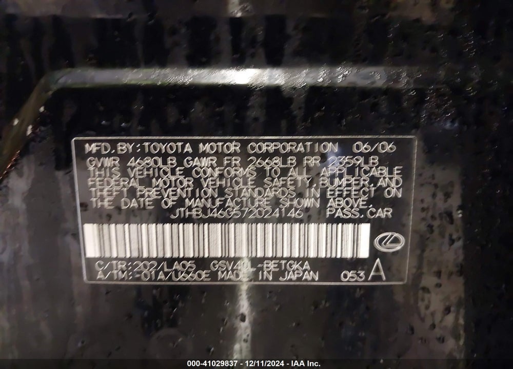2007 LEXUS ES 350 VIN: JTHBJ46G572024146