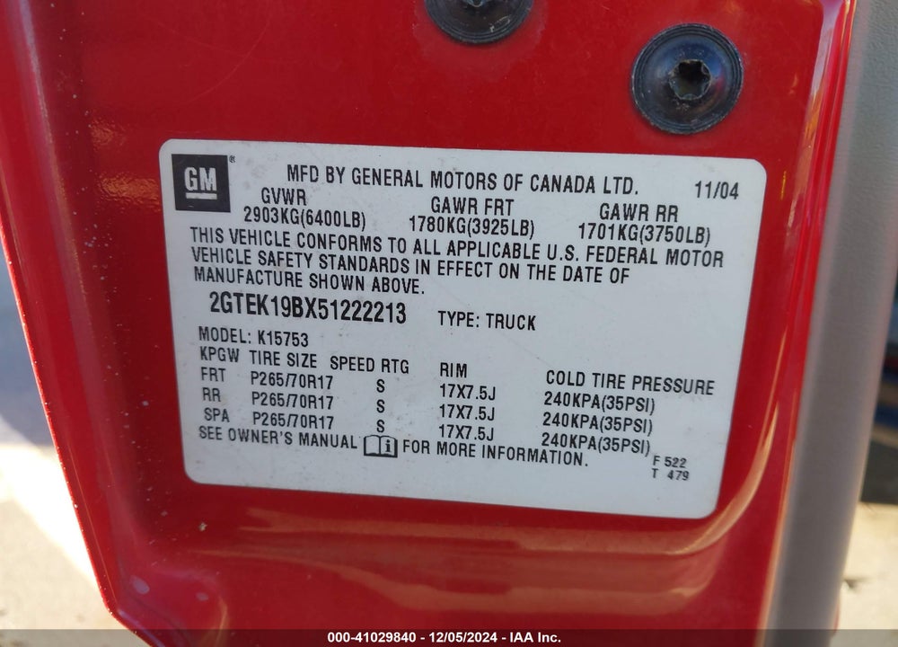 2005 GMC SIERRA 1500 SLE VIN: 2GTEK19BX51222213