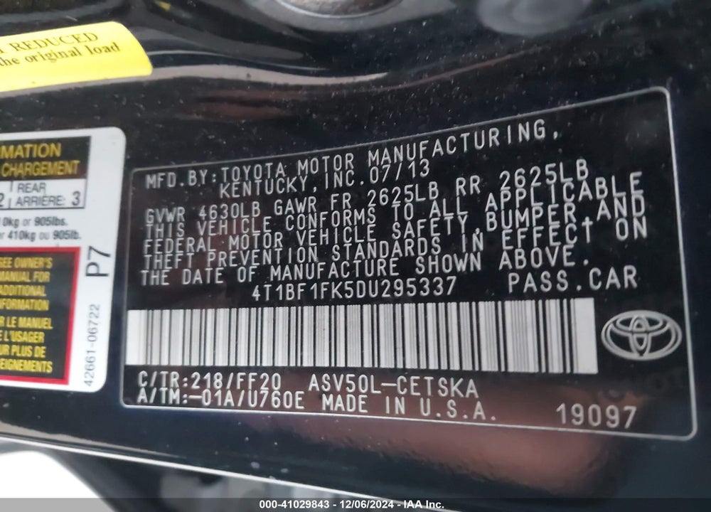 2013 TOYOTA CAMRY SE VIN: 4T1BF1FK5DU295337