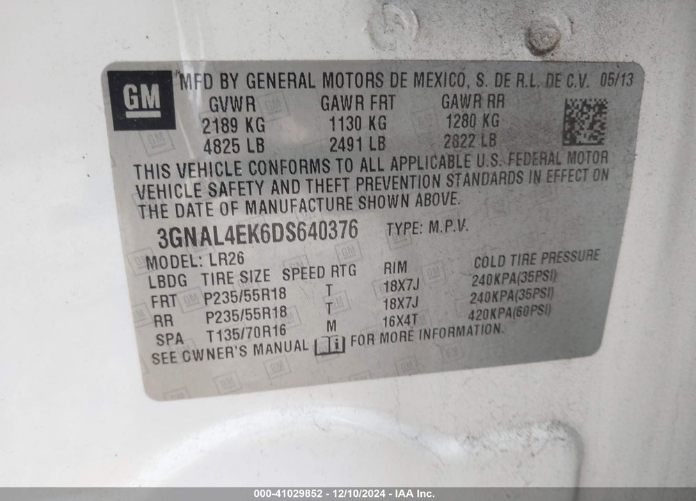 2013 CHEVROLET CAPTIVA SPORT LTZ VIN: 3GNAL4EK6DS640376