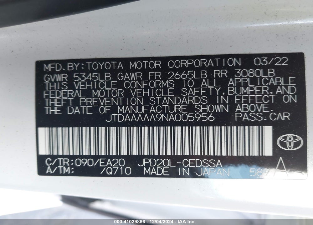 2022 TOYOTA MIRAI VIN: JTDAAAAA9NA005956