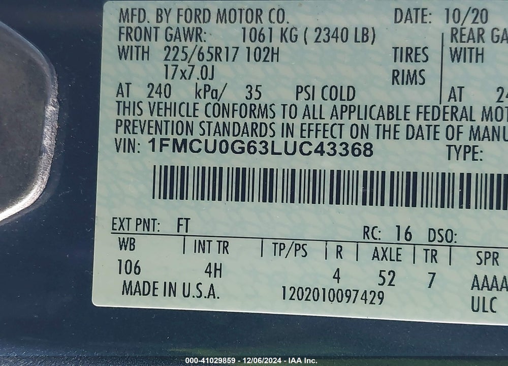 2020 FORD ESCAPE SE VIN: 1FMCU0G63LUC43368
