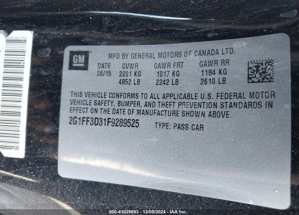 2015 CHEVROLET CAMARO 2LT VIN: 2G1FF3D31F9289525