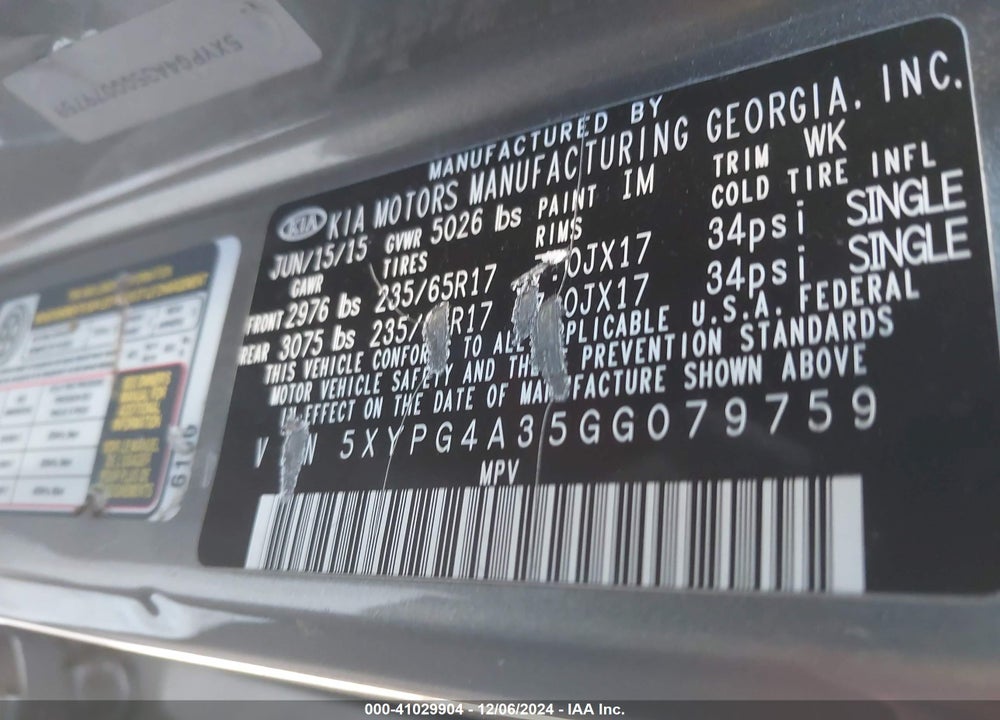 2016 KIA SORENTO 2.4L L VIN: 5XYPG4A35GG079759