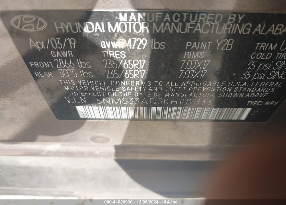 2019 HYUNDAI SANTA FE SEL VIN: 5NMS33AD3KH109333