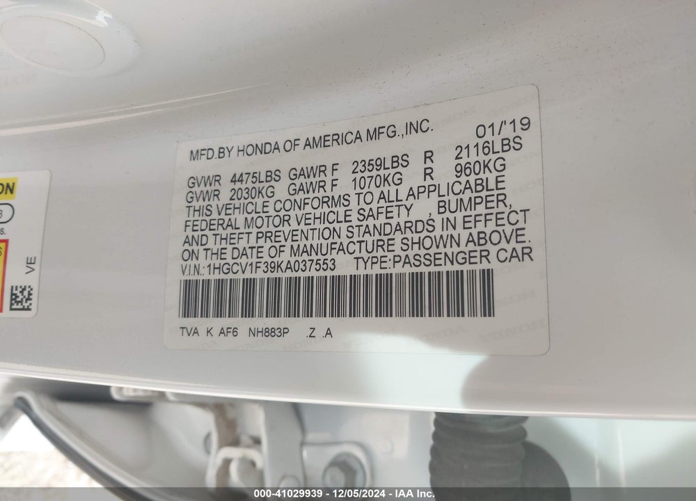 2019 HONDA ACCORD SPORT VIN: 1HGCV1F39KA037553