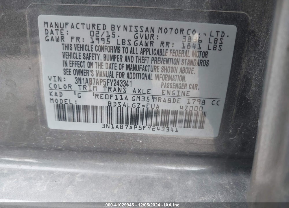 2015 NISSAN SENTRA SL VIN: 3N1AB7AP5FY243341