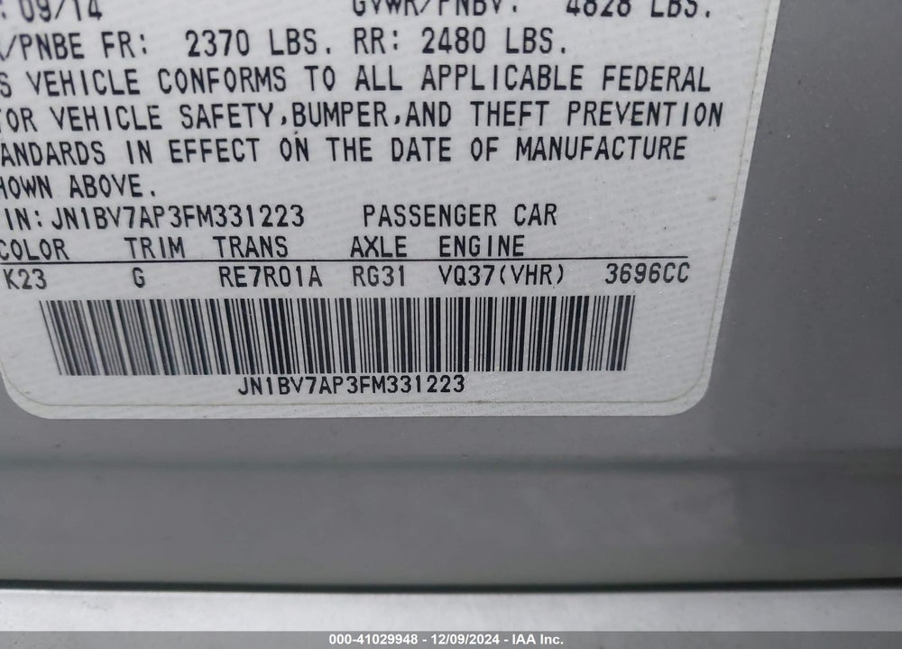 2015 INFINITI Q50 PREMIUM VIN: JN1BV7AP3FM331223