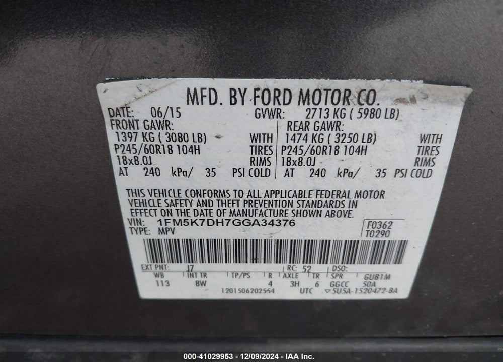 2016 FORD EXPLORER VIN: 1FM5K7DH7GGA34376
