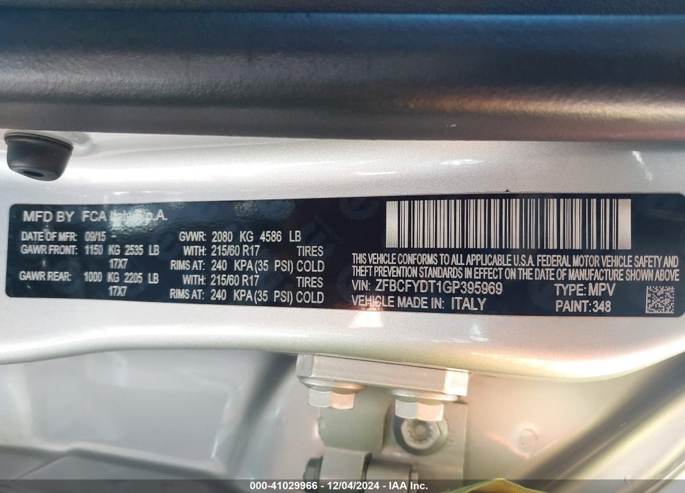 2016 FIAT 500X LOUNGE VIN: ZFBCFYDT1GP395969